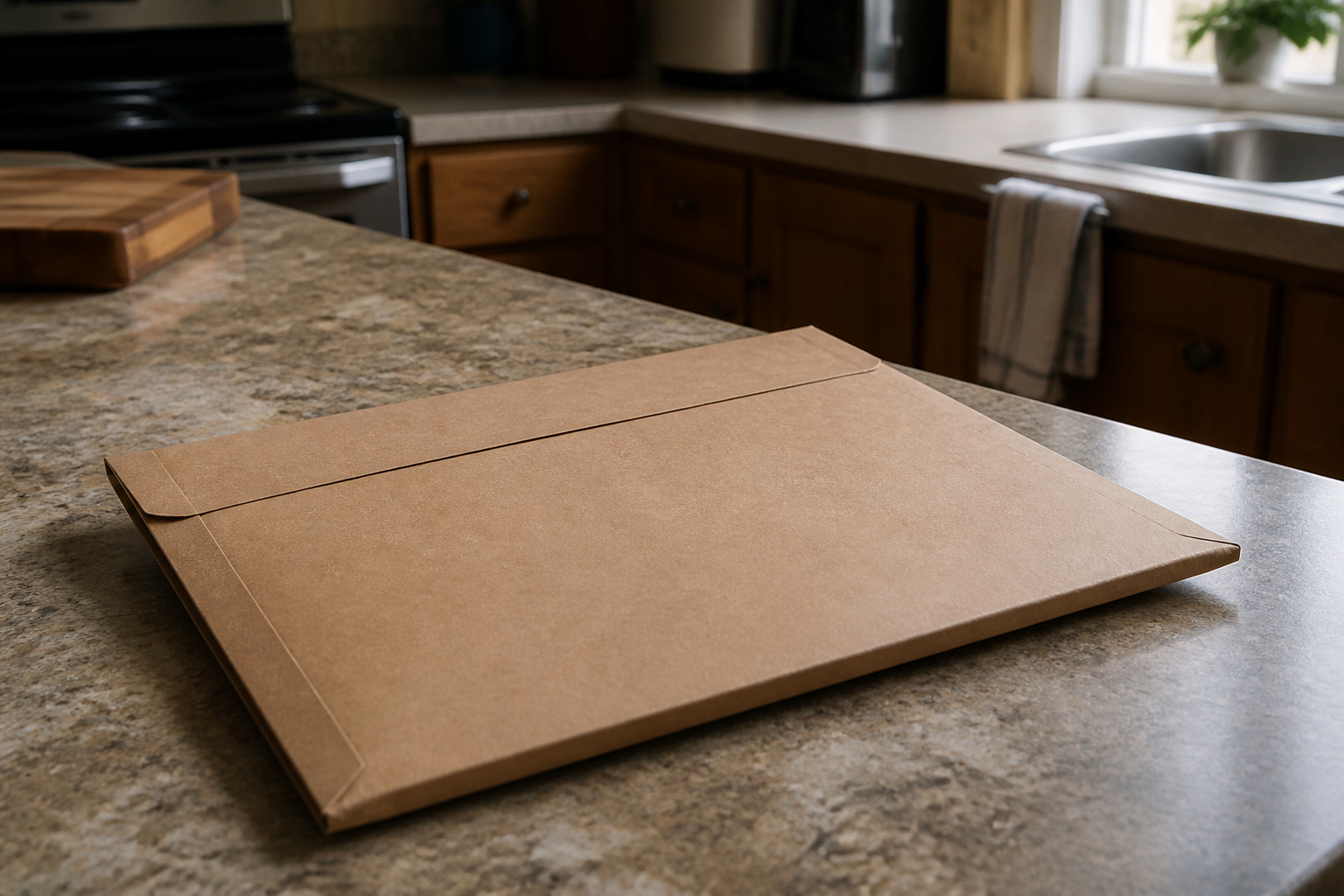 Closed cardboard mailer on a kitchen counter in daylight, no people